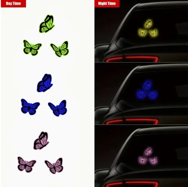 3-Piece Set of Beautiful and Lively Butterfly High-Reflective Pvc Car Stickers, Warning Signs for Safe Driving at Night for Cars, Motorcycles, Helmets, DIY Notebook Computer Decorations, Waterproof Decals