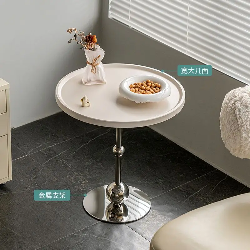 Modern Round Side End Table Cream White Smooth Top Chrome Metal Base Small Coffee Table For Living Room Bedroom Sofa Balcony