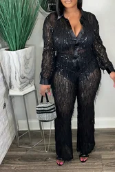 Plus Size Spring Sequins Tassel Mesh 2 PCS Set Women Sexy See Through Long Sleeve Shirts Top Wide Leg Pants Fashion Party Suits