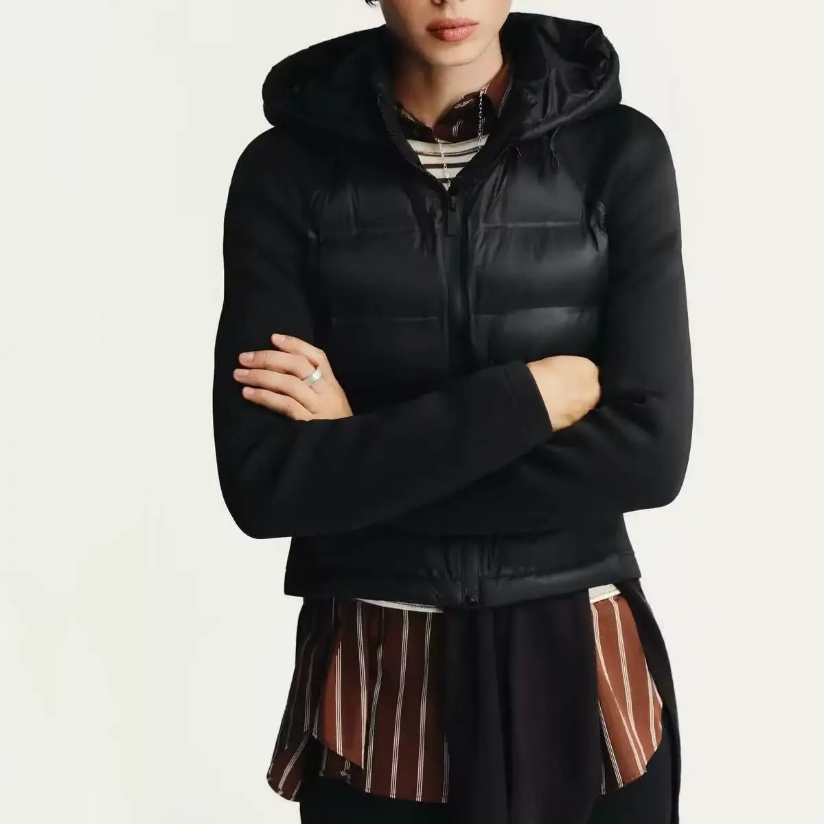 

Woman's Cotton-Padded Jacket High Collar Long Sleeves Hooded Splice Warm Overcoat Autumn Winter New Female Trend Outerwear Coat