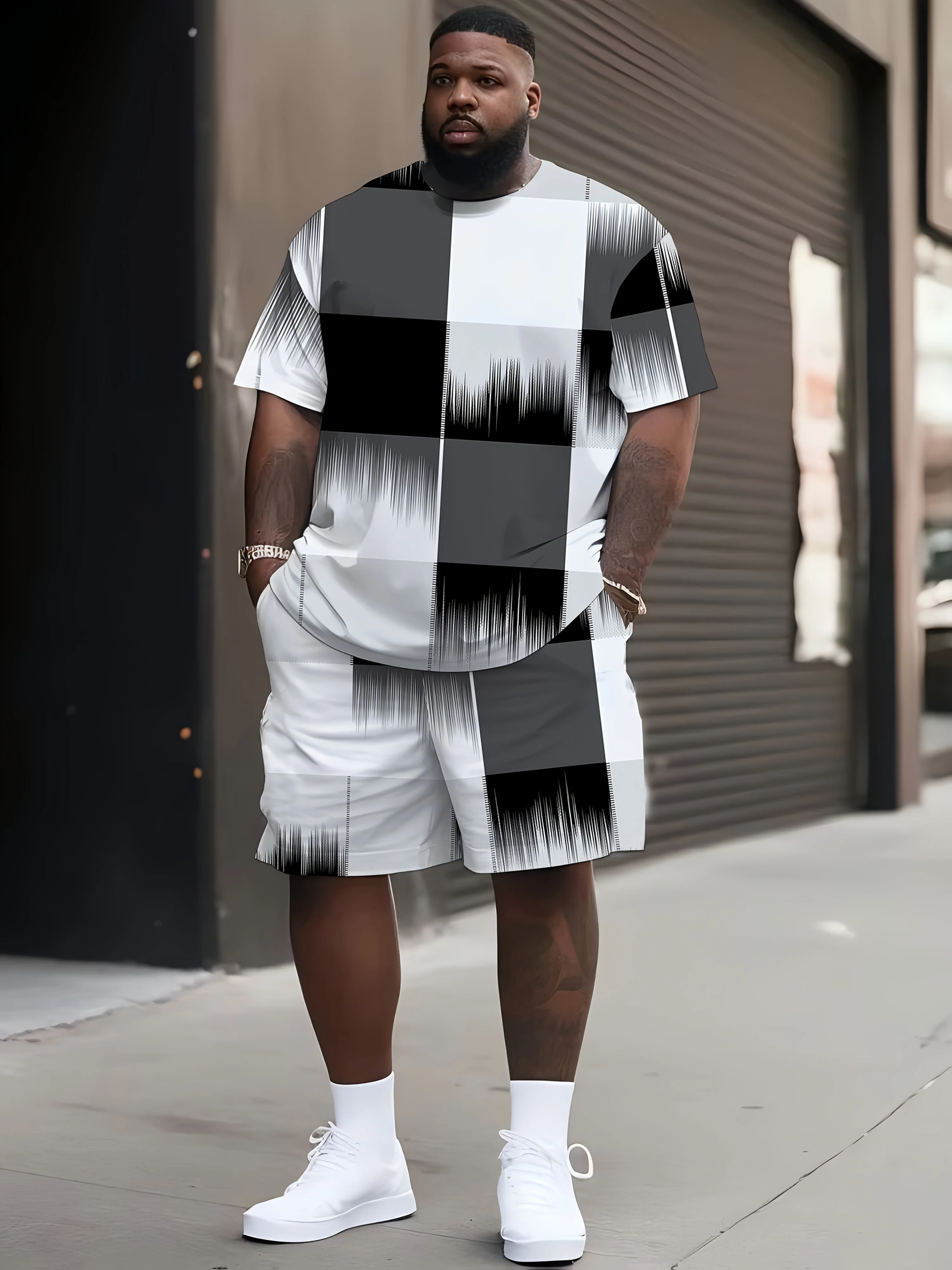 

Men's Suit 3D Check Print Luxury Fashion Comfort Breathable Stylish Street Sweat Wicking Short Sleeve Shorts Two Piece Set