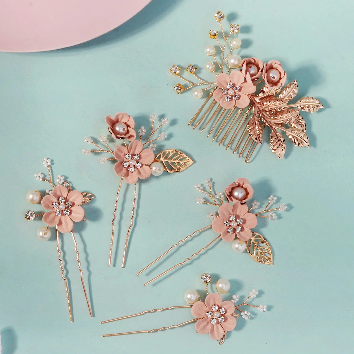 Fashion Pink Hair Combs 5PK/Set Elegant Flower Bridal Hair Clips Delicate Pearl Beaded Hairpin For Women Wedding Hair Accessorie image 3
