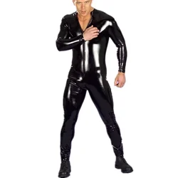 Faux Latex Men Jumpsuits Stretch Patent Leather Jumpsuits Man PVC Exotic Gay Fetish Wet Look Leather Bodysuit Metallic Gold Suit