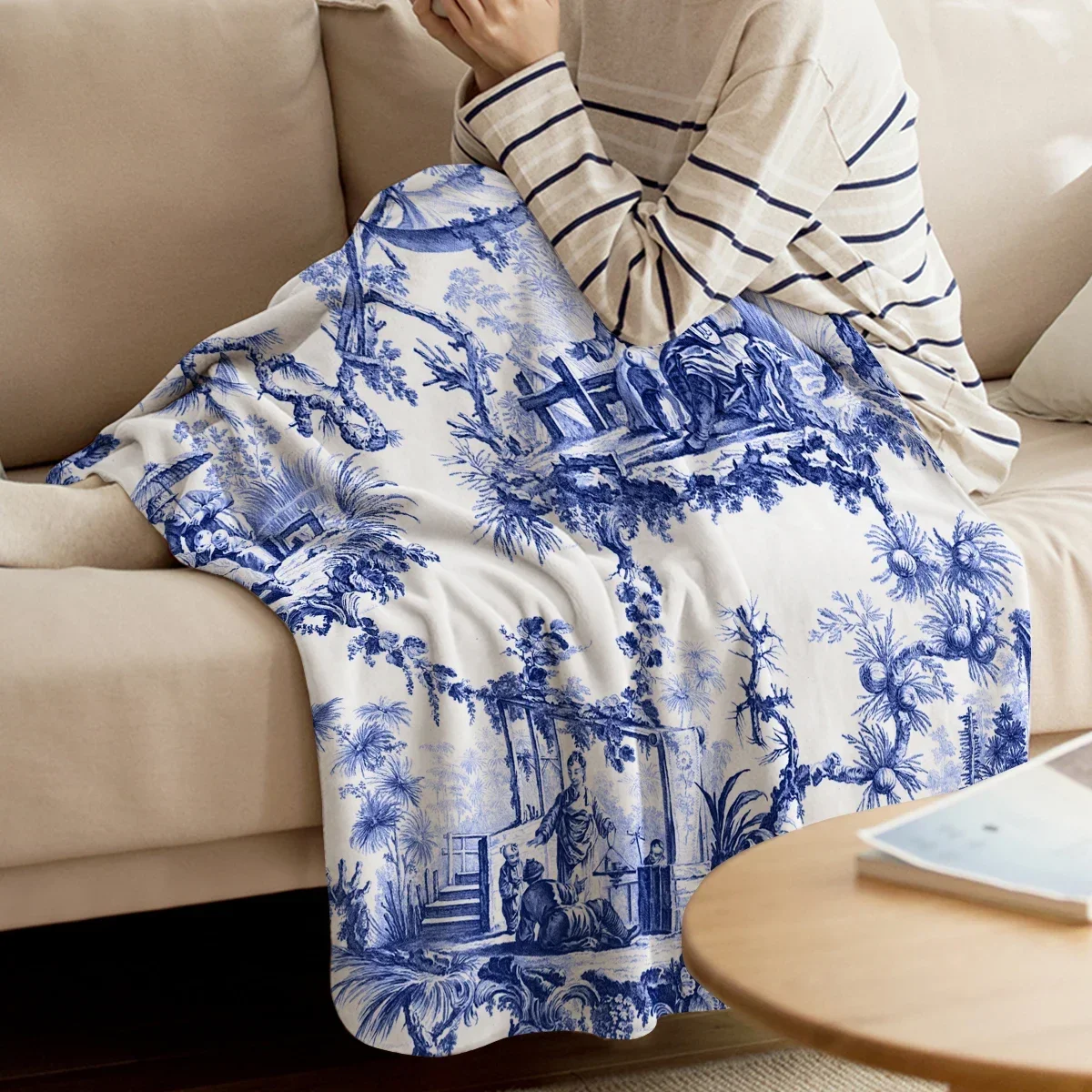 Ancient China Blue Willow Blanket Blue Chinoiserie Toile Throw Blankets Warm Microfiber Blanket Flannel Blankets for Couch Bed