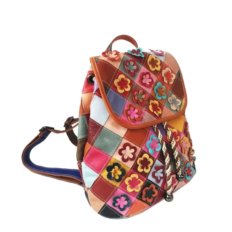 New Patchwork Diamond Check Vintage Women's Bag Large Capacity Cowhide Backpack Fashion Colorful Bucket Bags Luxury Bolsos