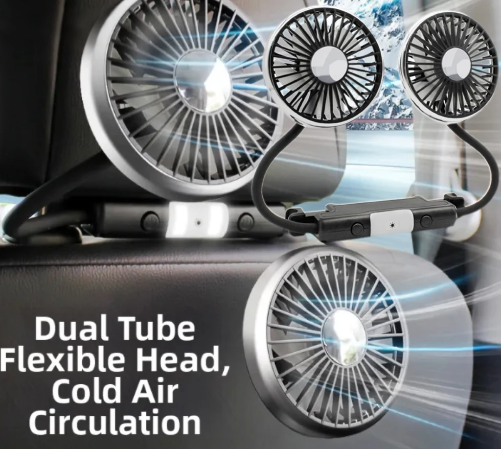 Car Rear Seat Headrest Fan Car Double-Head Hose Fan Rear Seat Car USB Interface Electronic Fan 360° Rotation 3-Speed Strong Wind