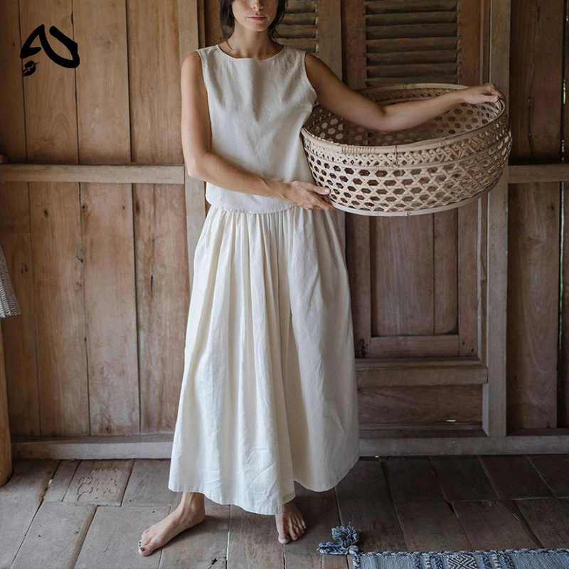 

Original Summer Women's Cotton Linen Casual Suit New Sleeveless Top And Pocket Elastic Waist Long Floral Skirt Two-Piece Set