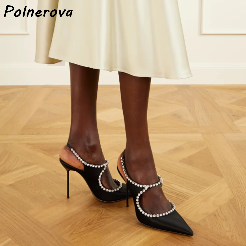 

Женские летние элегантные туфли-лодочки на тонком каблуке с острым носком, черные, с вырезами, со стразами, на шпильке, с ремешком сзади