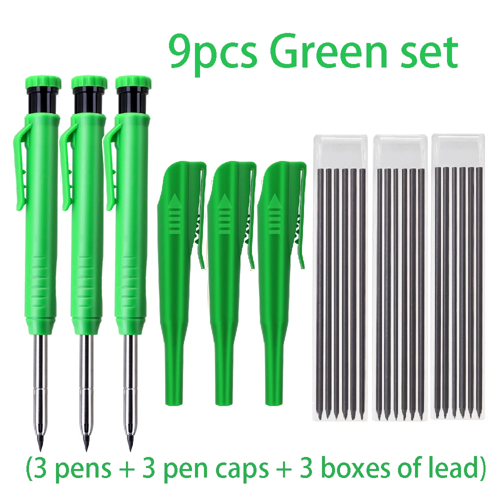 9 Stück/Set 2,8 mm Tiefloch-Tischlerbleistift-Set – 3 Stifte + 3 Minenminen + 3 Kappen. Vielseitig zum Schreiben, Holzbearbeitung und Markieren.