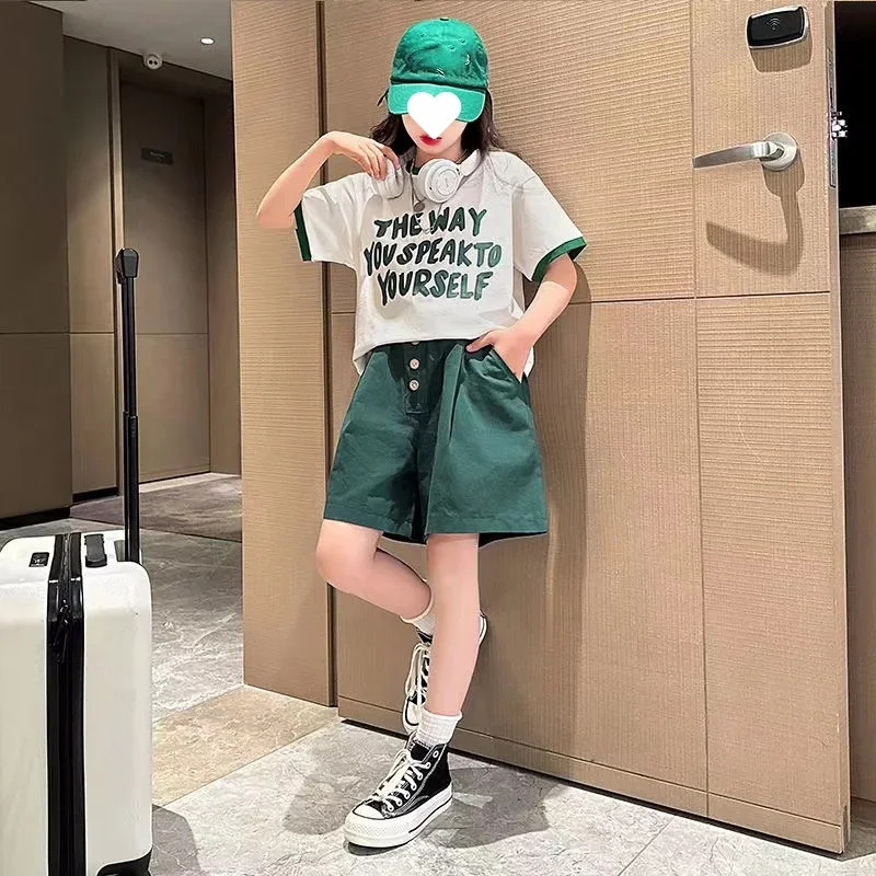 Girls Summer Casual Korean Style Letter Short Sleeved T-shirts+Short Pants 2pcs Suits 5-14 Years Student Kids Clothes Sets  987