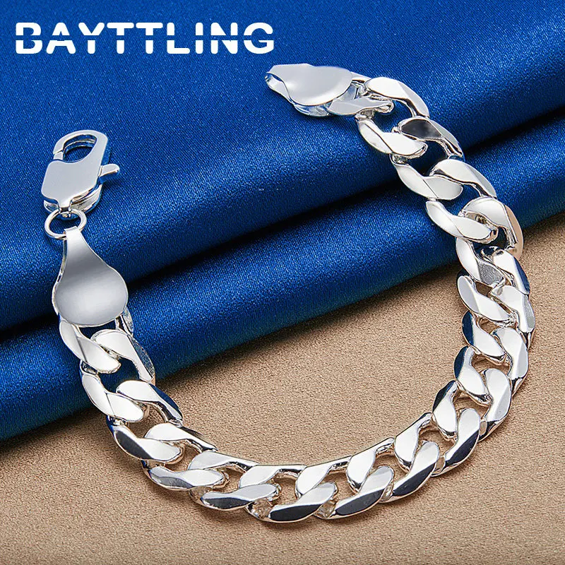 

Men's 925 Sterling Silver 8 Inches 12MM Side Chain Bracelet For Women Couple Wedding Gift Fashion Jewelry Accessories