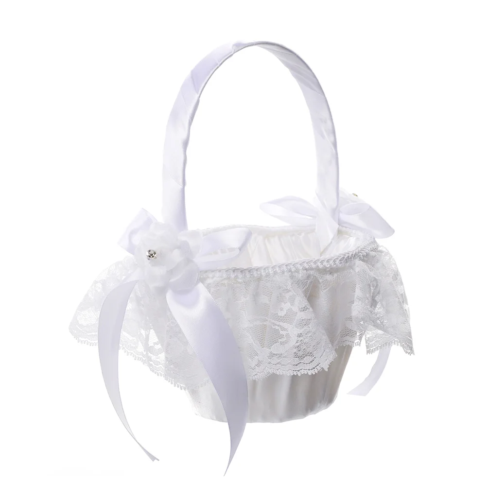 Lace Flower Basket with Fabric Bowknot Decor Flower Girl Baskets Party Photo Props for Bridesmaid Wedding Decoration (White)