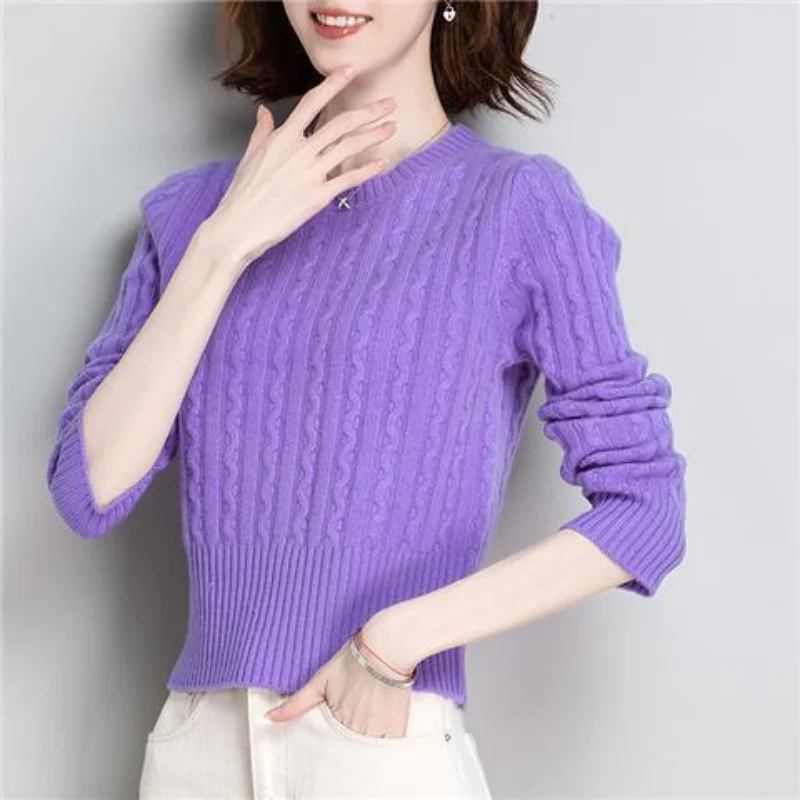 Women's Autumn and Winter New Twist Sweater Crew Neck Solid Color High Waist Short Model Foreign Gas Versatile Long-sleeved Top