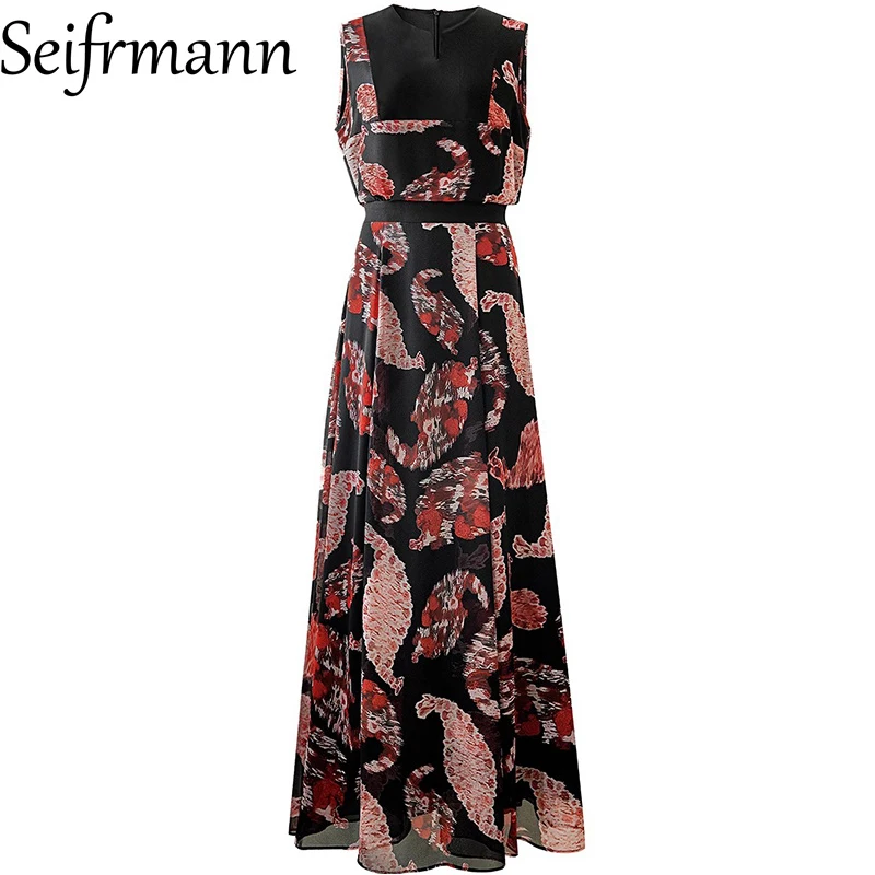 فستان Seifrmann النسائي الأنيق للحفلات مُزين بنقشة الزهور ورقبة على شكل حرف V بدون أكمام وخصر عالٍ، فساتين متأرجحة كبيرة على الموضة