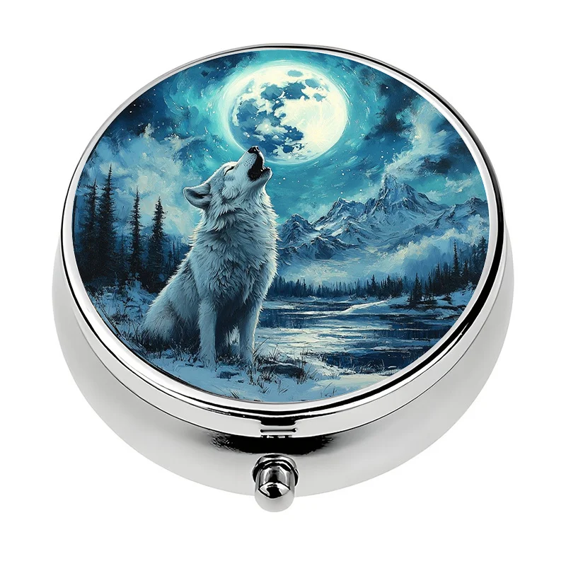 1 Wolf and Moon Metal Pill Box - 3-Compartment Locking Lid Medicine Organizer, Portable Capsule Box with Wolf Howl, Moon, and Northern Design - Ideal Gift for Travel, Camping, and Vitamins (Suitable for Men and Women), Pill Organizer, Handbag Medicine Box