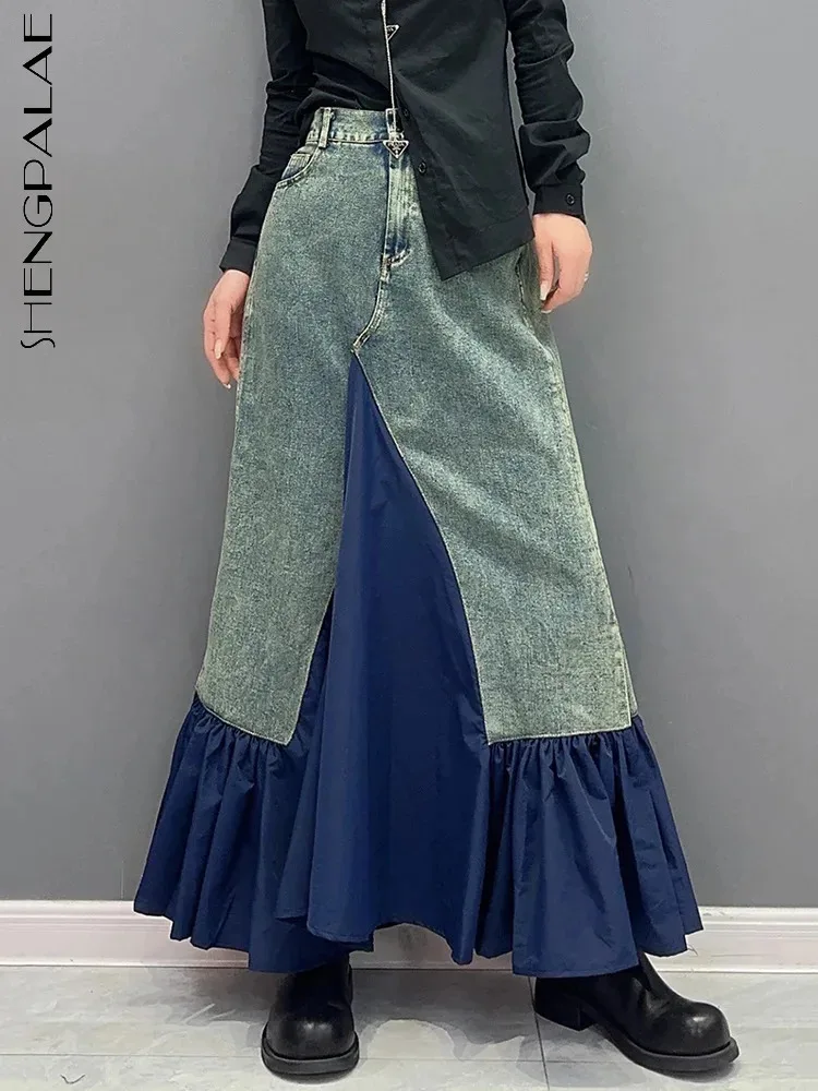 

SHENGPALAE Denim Patchwork Trumpet Skirt For Women 2024 Spring New Fashion Contrast Color Ruffles Wrap Hip Mermaid Skirts 5R7435