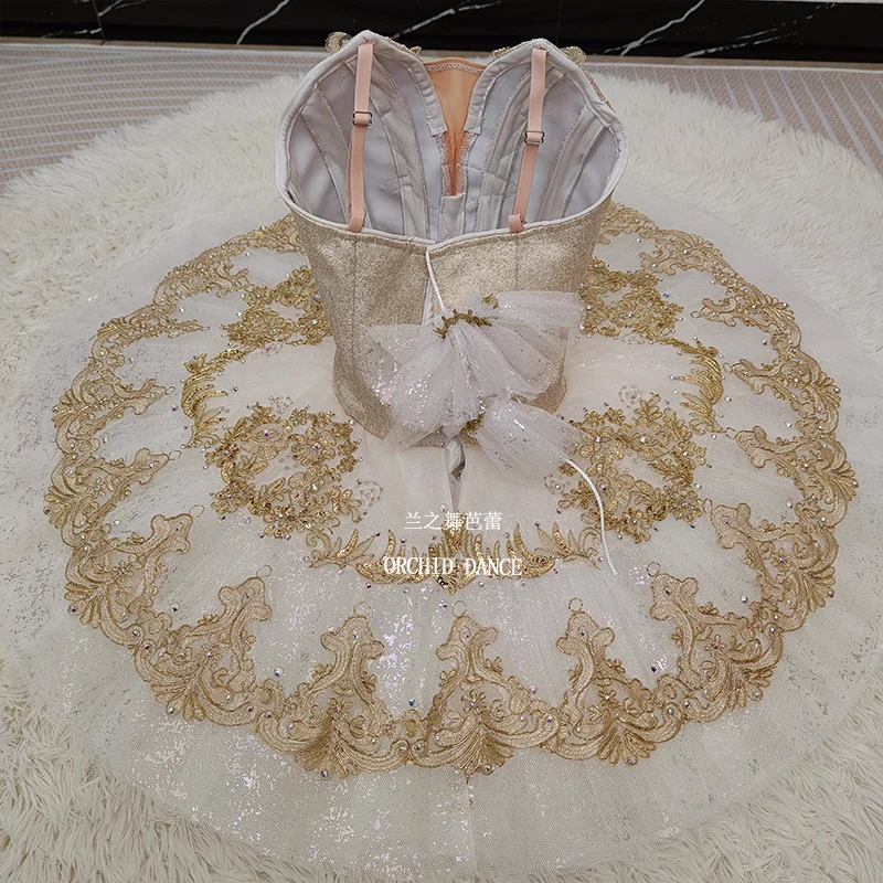 Womens Thin Strap Ballet Tutu Performance Dress Back Tulle Bow Gold Scroll Embroidery Trim Pure White Glitter Skirt Suitable For