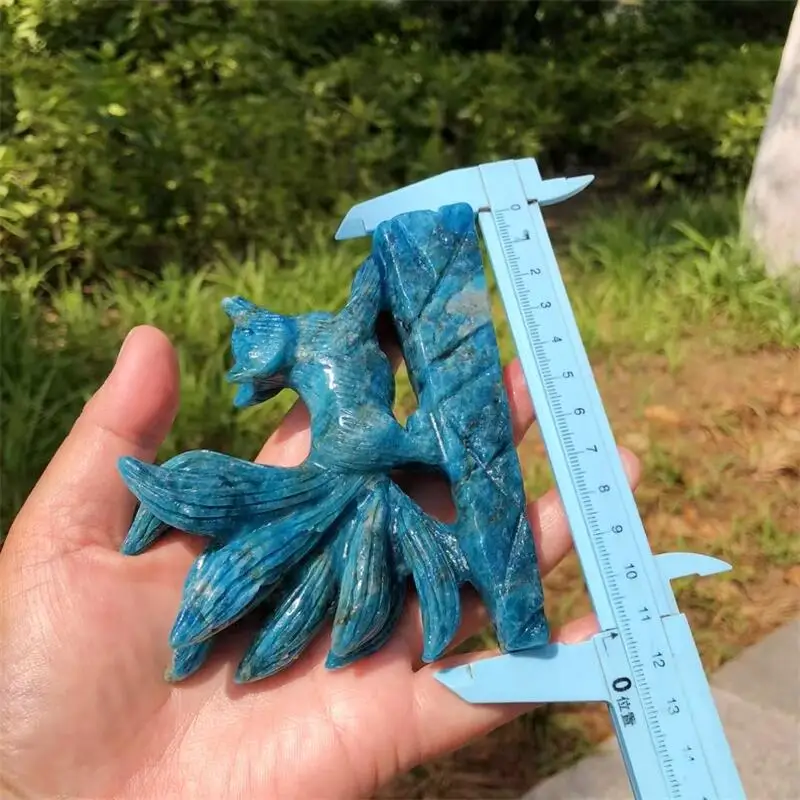 Natural Blue Apatite Nine-tailed Fox Carving Healing Gemstone Animal Figurines Reiki Stone Lucky Decoration Gift 1pcs