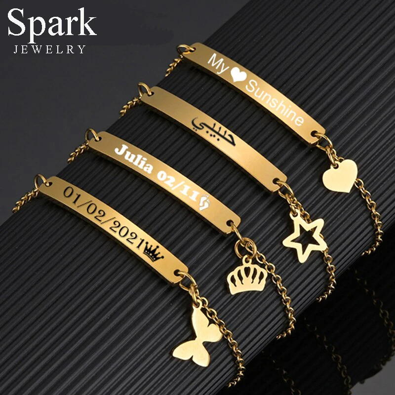 

Spark Stainless Steel Heart Crown Star Bracelet Custom Name Nameplate Date Butterfly Women Bracelets For Girl Jewelry Gift