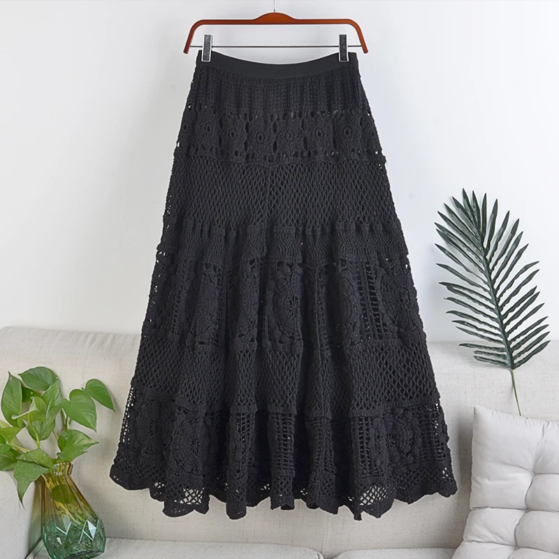 Elegant Palace Style Loose Lace Mid-Length Skirt for Women Early Autumn 2022 New Sexy Crocheted Hollow French Long Pleated Skirt