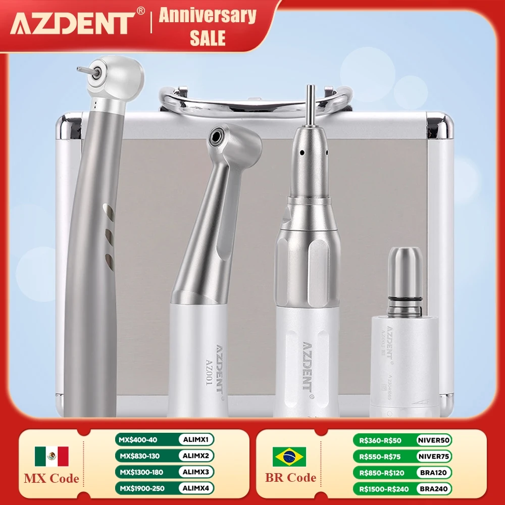 AZDENT Set Dental LED High and Low Speed Handpiece Kit 1:1 Push Button Contra Angle 2/4 Holes Dentist Handpiece Lab Tools