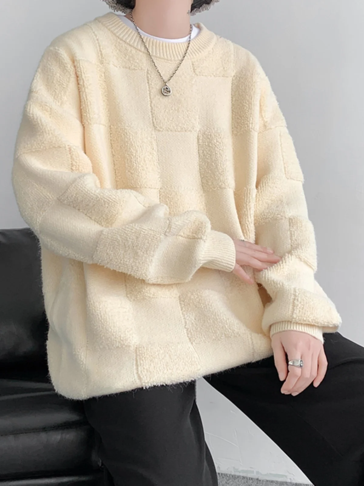 

American Lazy Sle Men's Knitwear Winter Towel Embroidery Plaid Couple Sweater Oversize High-End Knitted irt Casual Loose Fit