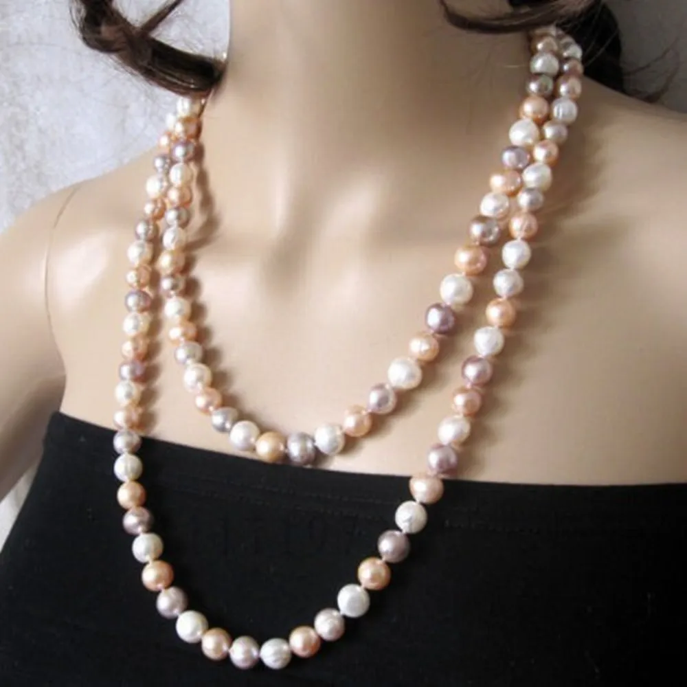 

Hand knotted necklace natural 7-8mm white pink purple freshwater pearl sweater chain nearly round pearl 48 inch