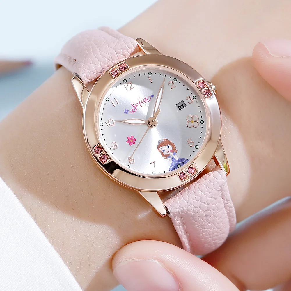 Montre princesse Sofia pour filles, avec diamants et calendrier, pour écolières, cadeau de rentrée scolaire