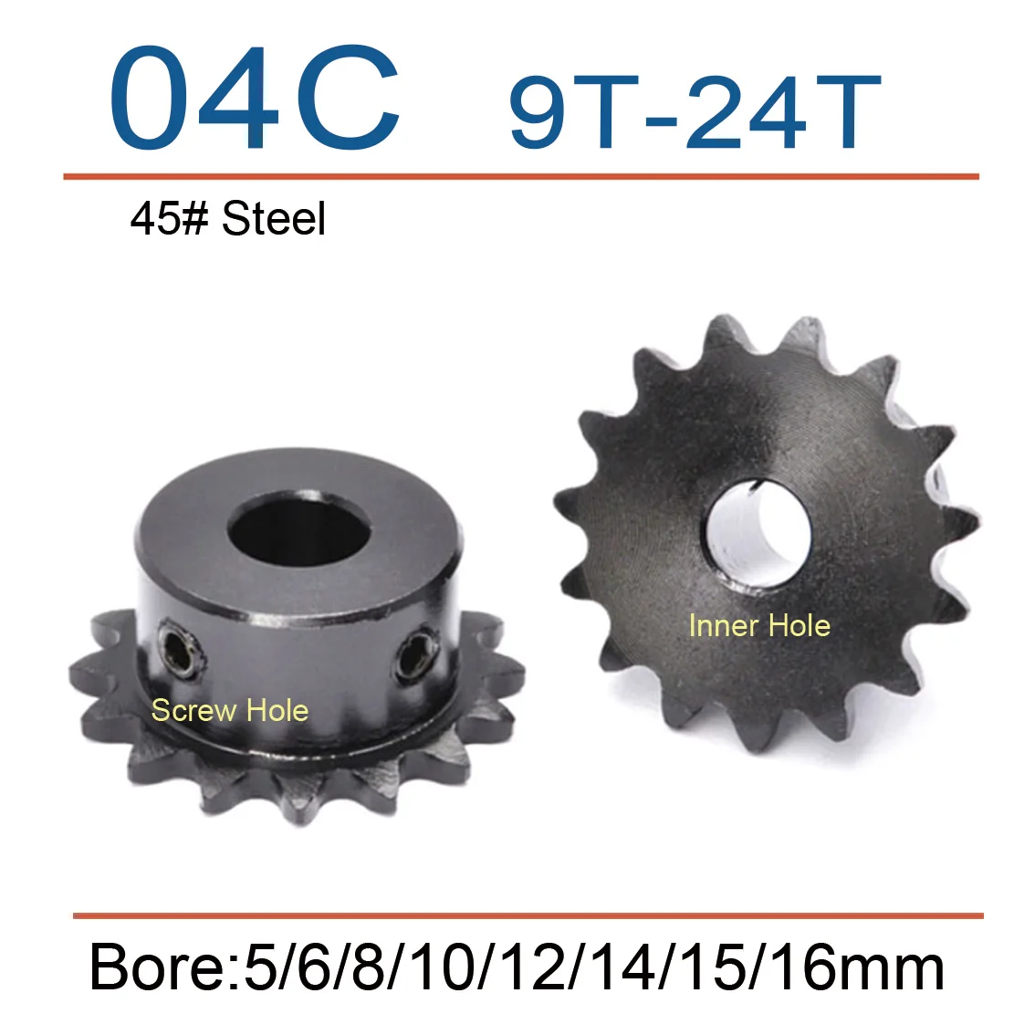 

1PCS 45# Steel 9-24T Tooth 04C Chain Gear Bore 5mm-16mm Industrial Sprocket Wheel Motor Chain Drive Sprocket Tooth Pitch 6.35mm