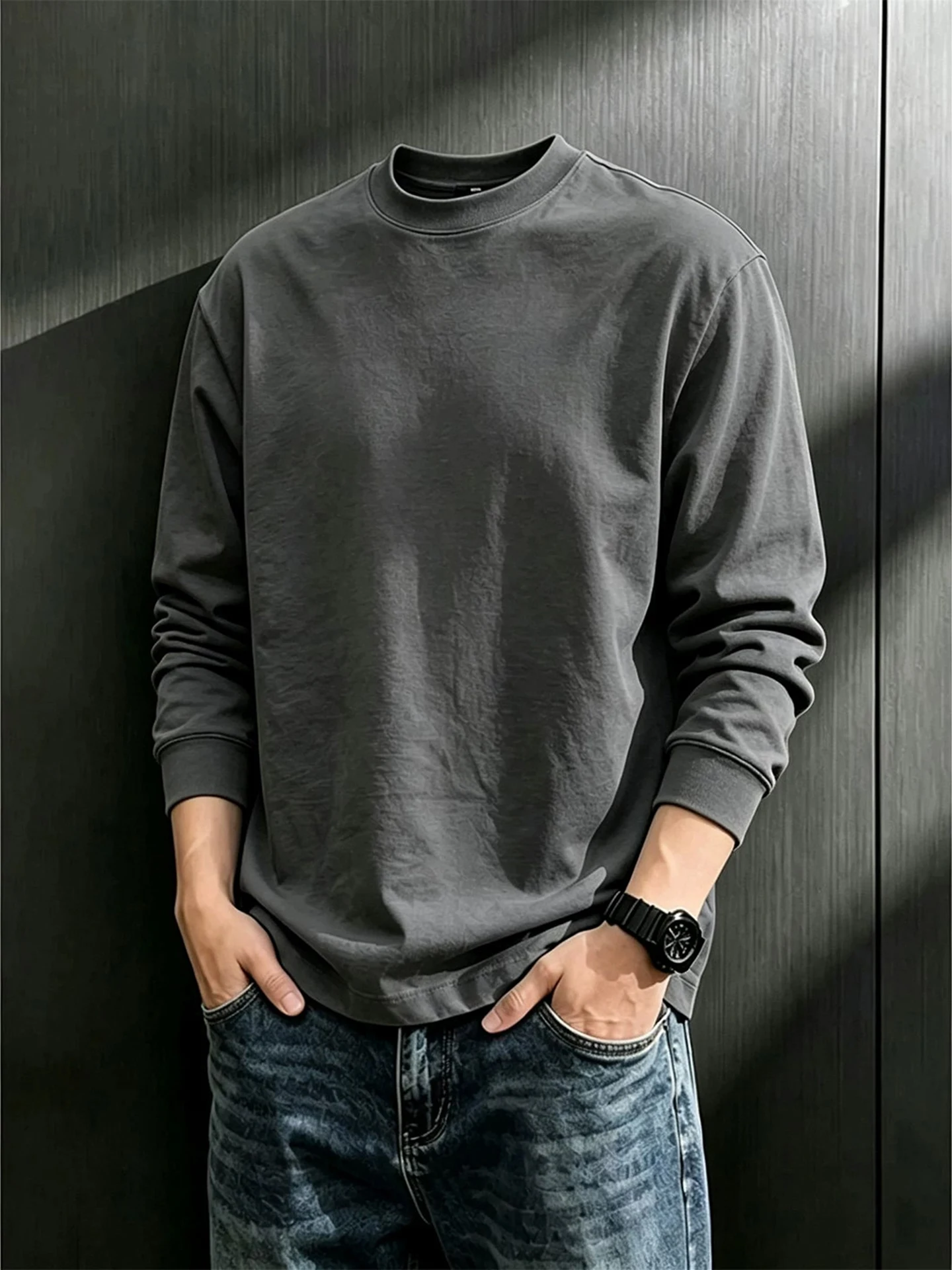 Deep Grey Heavyweight Long Sleeve Cotton T-Shirt Unisex Early Autumn 400g High Grammage Stiff American Style Base Layer Shirt