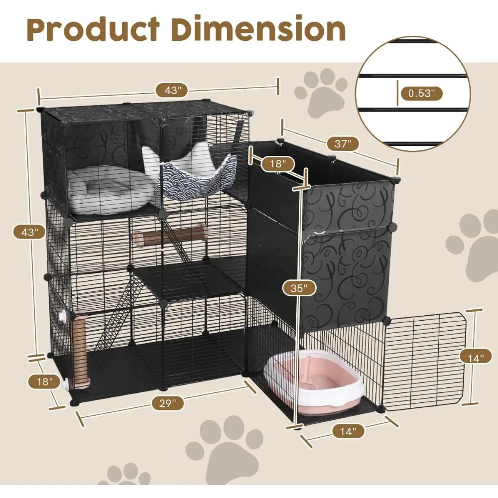 Cat Cage with Storage,with Litter Box, DIY 3 Tier L-Shape Metal Cat Enclosures Catio Playpen Crate Kennel with Hammock