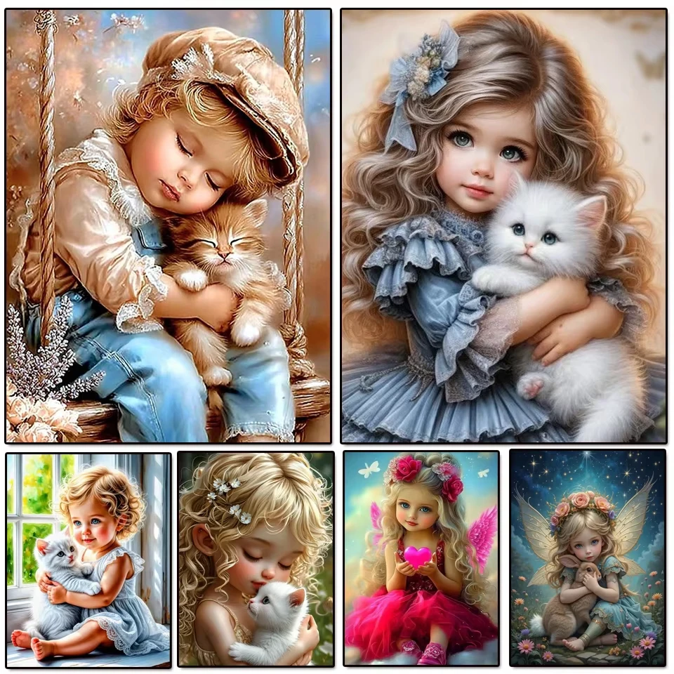 Peinture acrylique par numéros Fille, garçon et chat – Peinture par numéros sur toile – Coloriage par numéros pour adultes – Art numérique