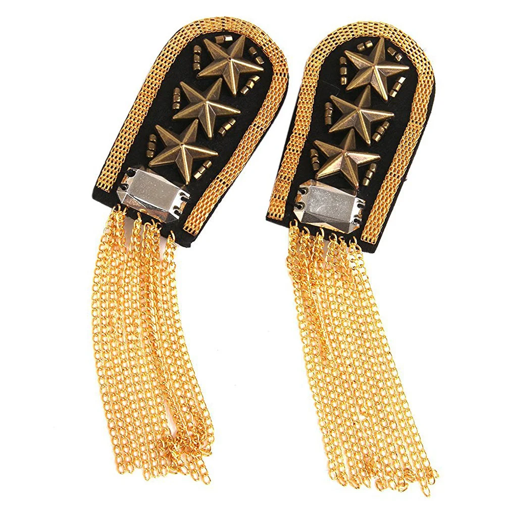 1 Pair Link Chain Epaulet Shoulder Boards Badge (Gold) Tassel Epaulet Star Epaulet Tassel Link Chain Badge