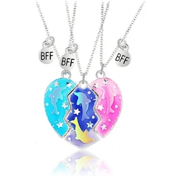 Friendship Best Friend Necklace for 3 Girls Magnetic Dolphine Matching Heart Pendant BFF Necklaces for Sister Animal Jewelry