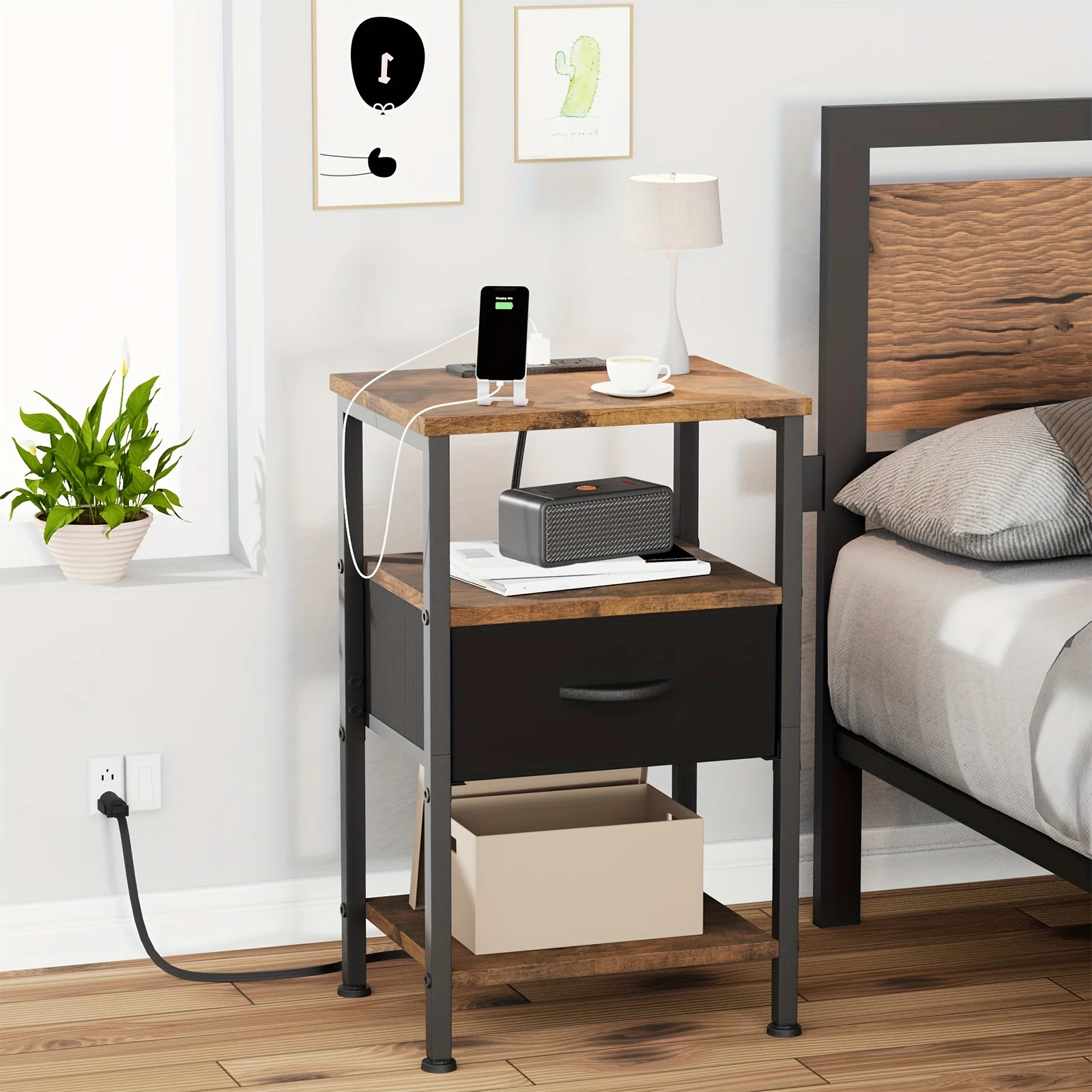 

Brown Adjustable Bedside Table With Charging Station Fabric Drawers With Storage Space Side Table Living Room Coffee Table