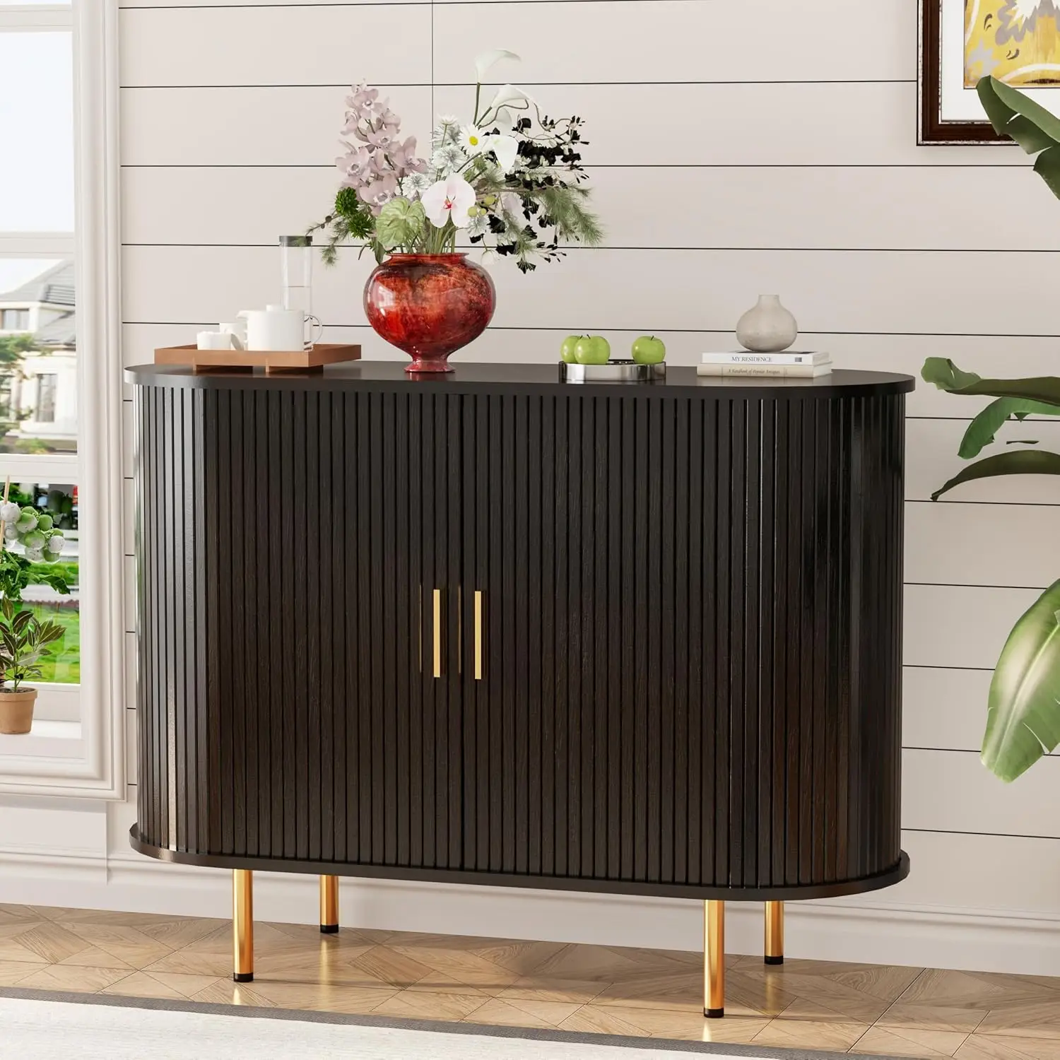 

Буфет-комод с местом для хранения, консольный столик в стиле середины века с рифленой отделкой, раздвижные дверцы-тамбур, на заказ