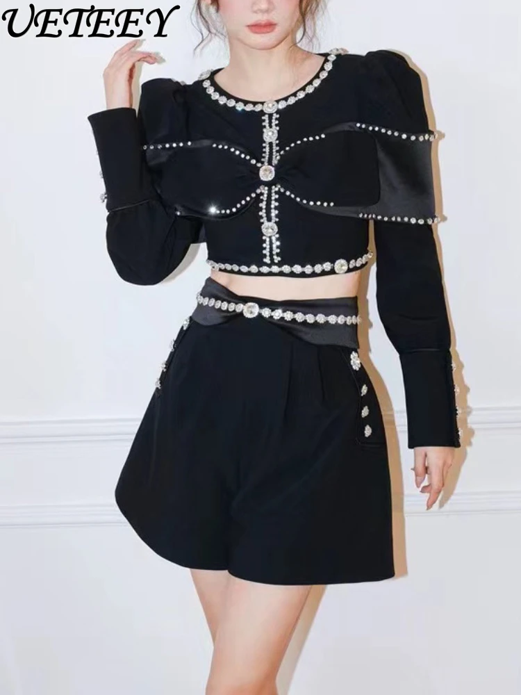 

Heavy Industry Bow Mesh Beads Short Coat Female 2023 Autumn Light Luxury Design Sense Diamond Clothes and Shorts Two-Piece Set