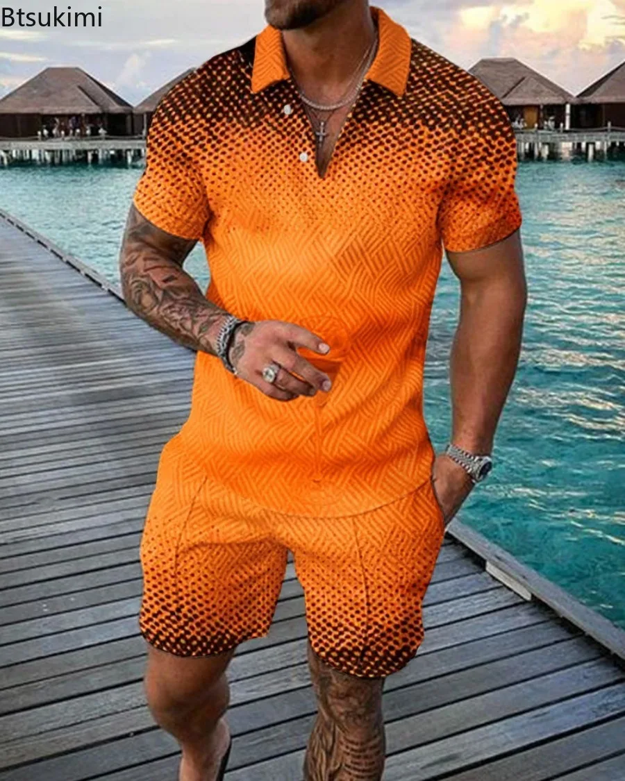 2024 Men's Summer Casual Zip Short Sleeve Polo Shirt and Beach Shorts 2 Piece Sets Tracksuit Men's 3D Print Sports Suit Sets 5XL