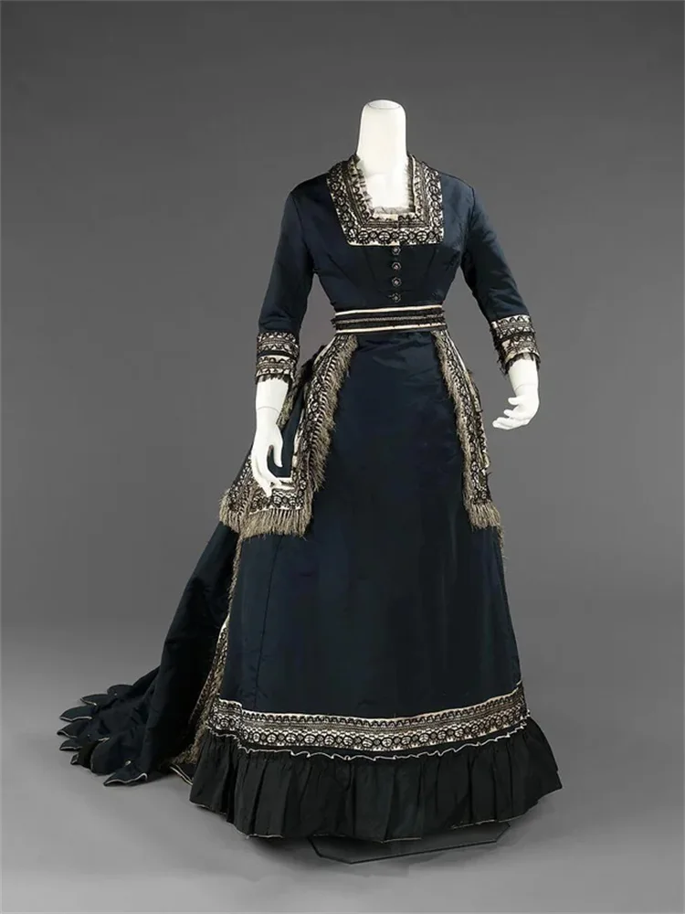 

1860s Victorian Women Black Mourning Lady Walking Bustle Dress Historical Renaissance Gothic Edwardian Ball Gown