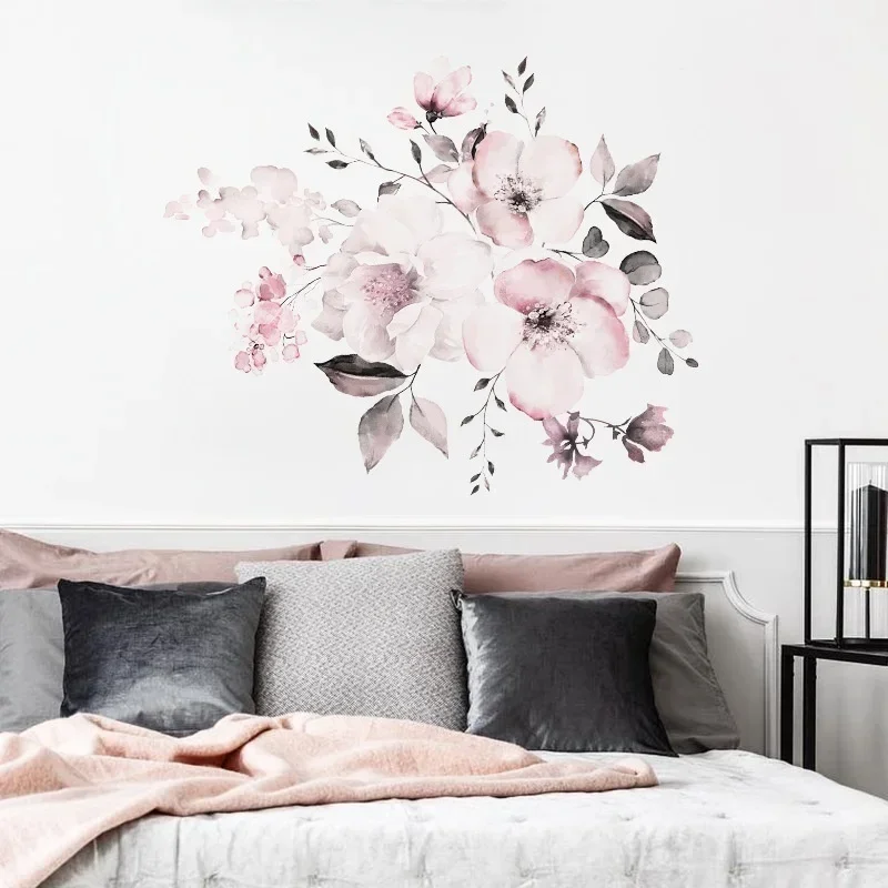 Wall Sticker 30*90cm Watercolor Pink Flower Cluster  Home Background Decoration Can Be Removed Living Room Decoration