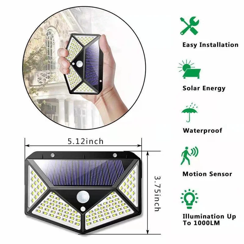 Imagem -06 - Led Solar Motion Sensor Luz Lâmpada ao ar Livre Impermeável Segurança Jardim Rua Parede 100 Leds Modos 1pc