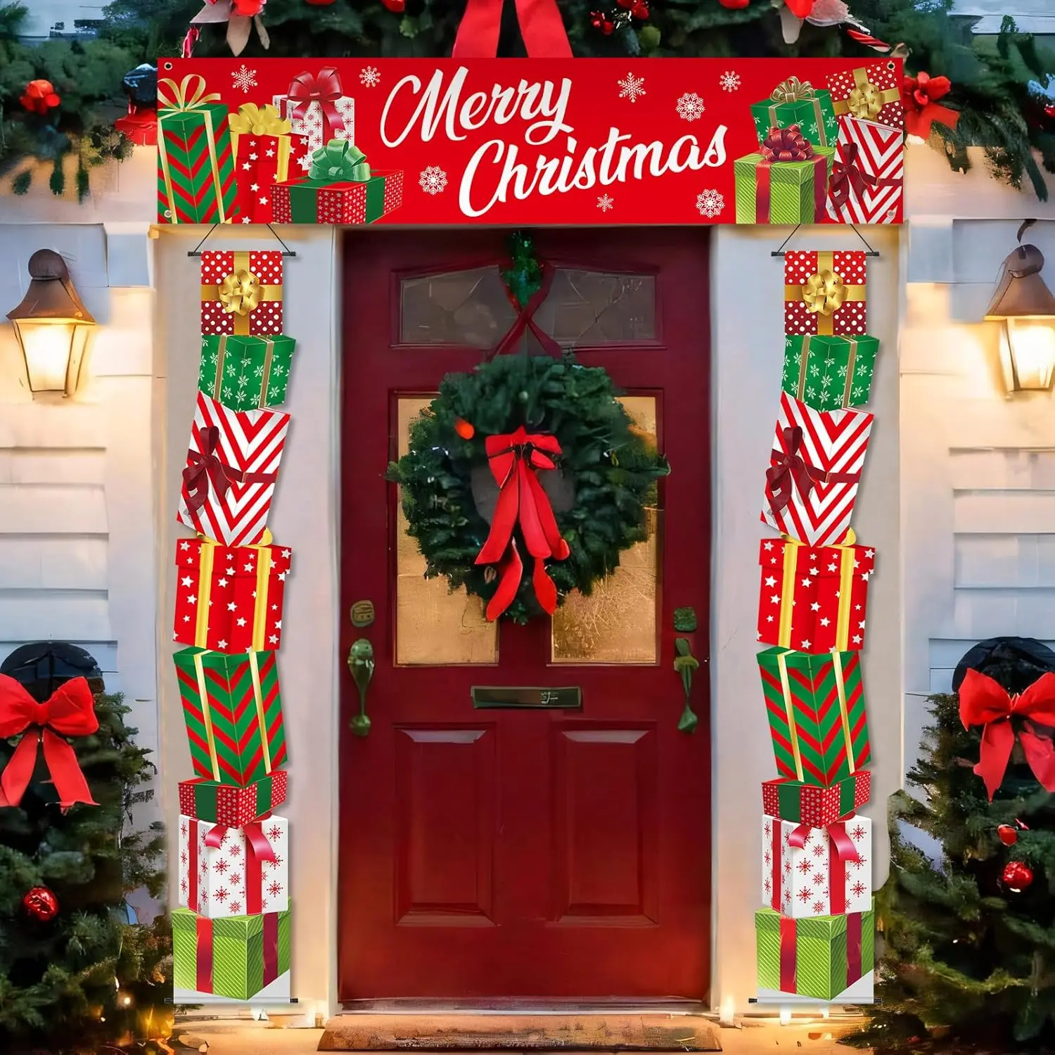 3-teiliges Weihnachtsdekorations-Banner, Weihnachts-Veranda-Schild für den vorderen Hof, hängendes Banner, Frohe Weihnachten, Geschenkbox, geformt für Zubehör