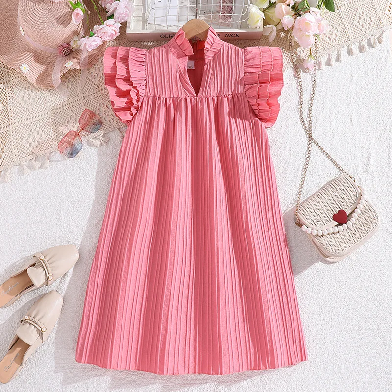 2024 Summer New Arrival Girls Sleeveless O Neck Ruffles Pink Roupa Infantil Menina Cute Party Dress Custume 8-12T