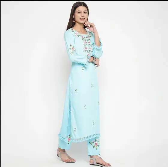 

Indian Traditional Cotton Long Dress Embroidery Punjabi Women Spring Suit Light Blue Dance Vintage