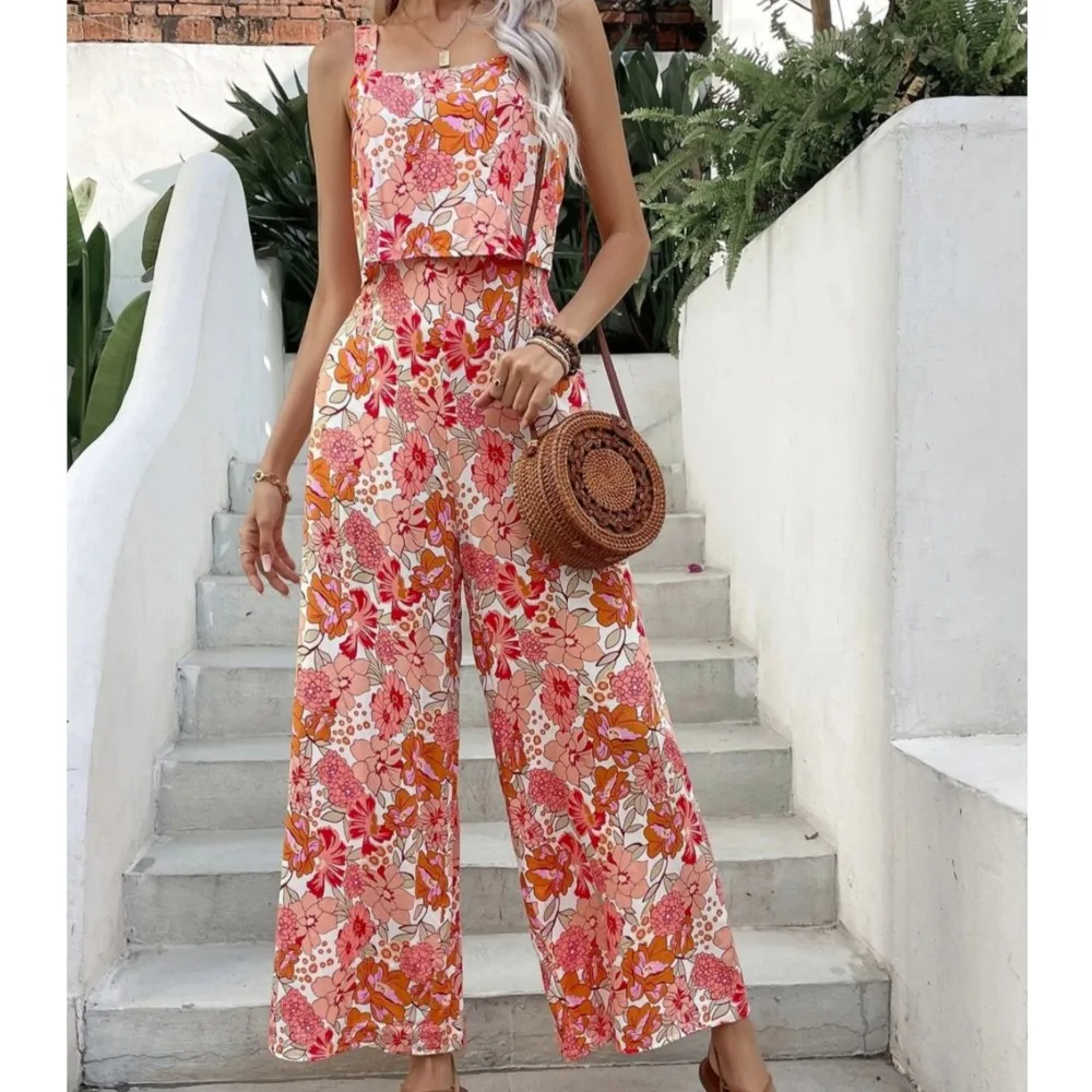 2025 Summer Women's Casual Clothes Print Square Neck Strap Top & Wide Leg Pants Set Temperament Female Fashion Trousers Outfits