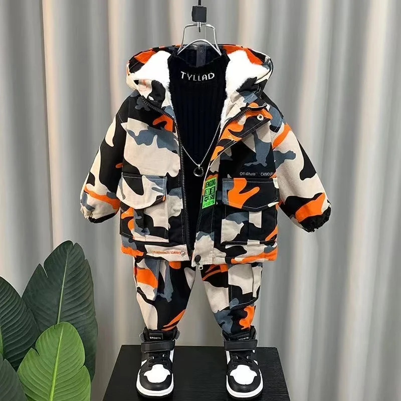 Winter Warm Boys Suit Coat+Pants Cotton 2Pcs/Sets Camouflage Spring Autumn Jogging Suit Thicken Children Clothing