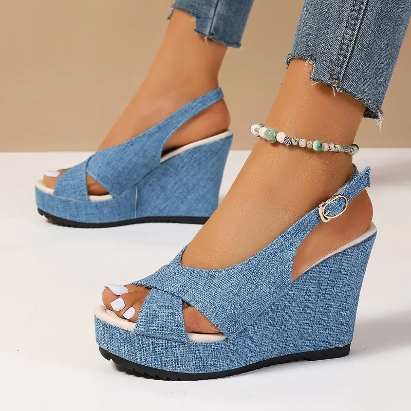 DOGHC 2024 nuova taglia 35-43 scarpe da donna sandali con zeppa con fibbia alla caviglia per donna sandalo estivo in Denim confortevole suola spessa