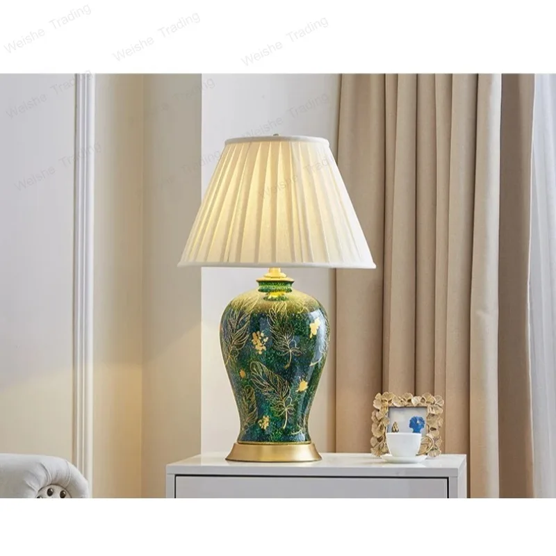 

40x65cm Luxury Retro New Chinese Style Hand Painted Golden Leaf Green Ceramic Table Lamp For Living Room Bedroom Bedside Lamp