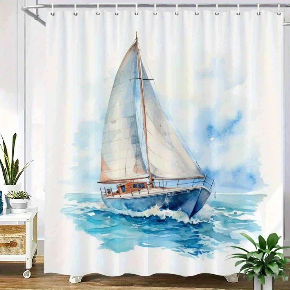 Nautical Watercolor Sailboat Shower Curtain Polyester Digital Printing Hand‑painted Style Yacht Sailing Across Turquoise