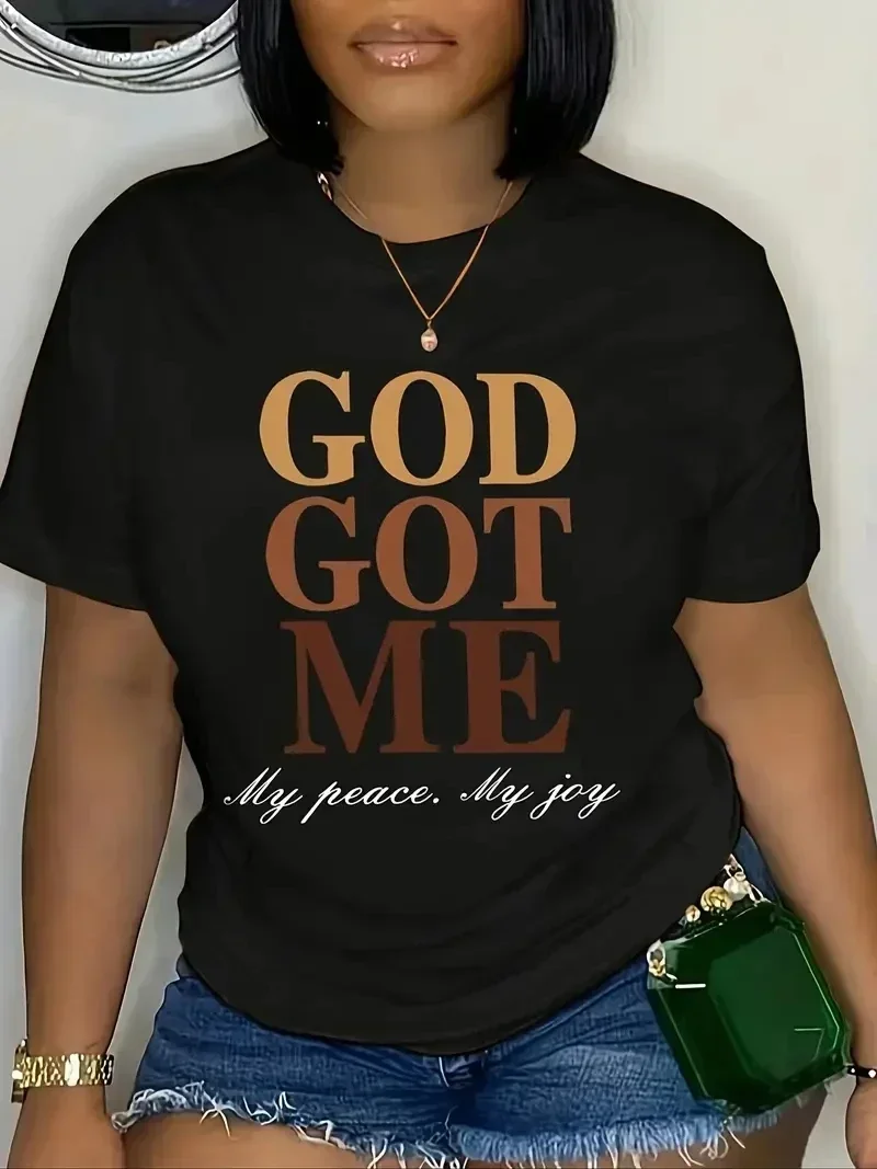 God Got Me Letter Print T Shirt Casual Fashion Short Sleeve Top Polyester Round Neck Spring Summer Clothing women clothing